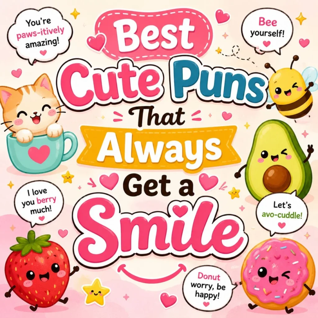 Best cute puns illustration with kawaii animals, smiling food characters, and funny wordplay that always gets a smile