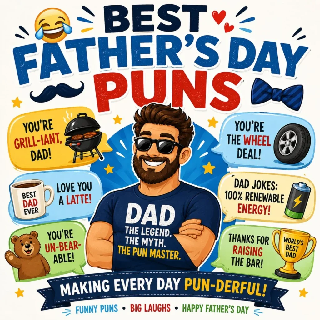 Colorful Best Father's Day Puns graphic with a smiling dad, funny speech bubbles, grilling, coffee, and playful dad jokes.
