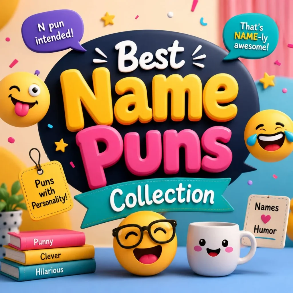 Colorful 3D illustration of the best name puns collection with funny emojis, speech bubbles, and playful typography.