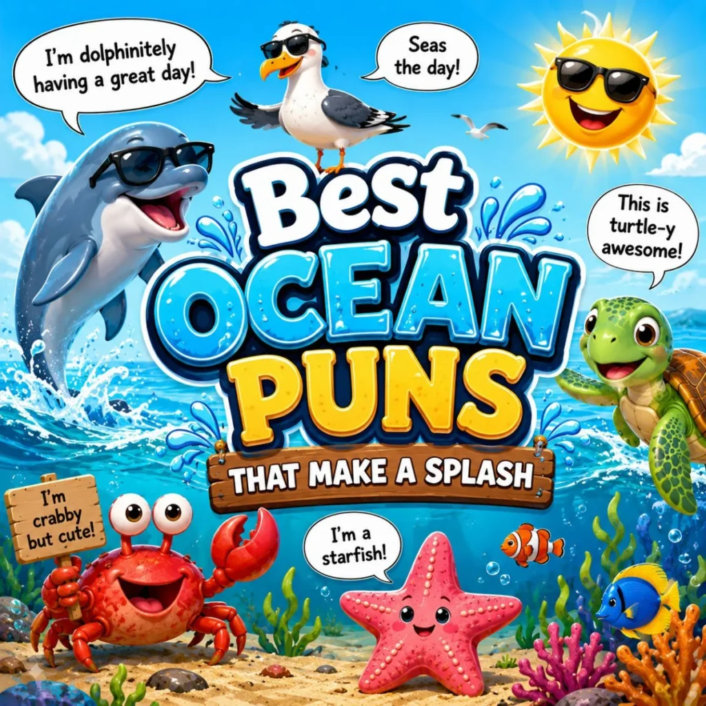 Best Ocean Puns That Make a Splash with playful dolphin, turtle, crab, starfish, and colorful sea life illustration