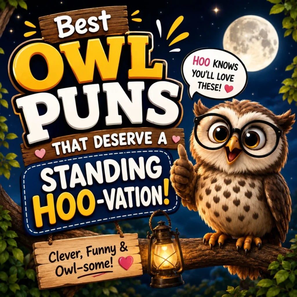 Cute cartoon owl with glasses beside a moonlit sign featuring the best owl puns and funny hoo-vation jokes.