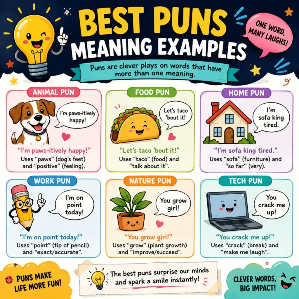Colorful infographic with the best pun meaning examples using animals, food, home, nature, work, and tech wordplay.