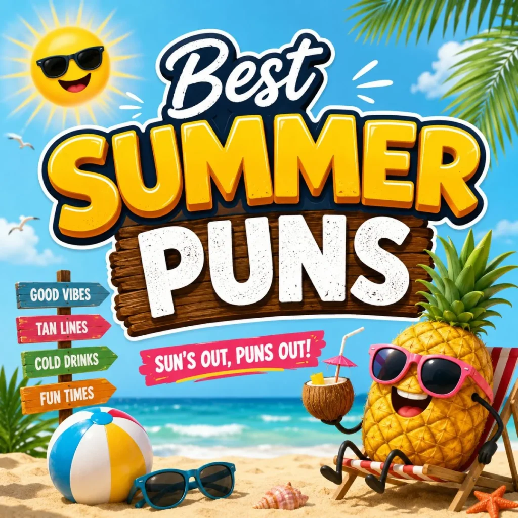 Best Summer Puns beach illustration with a smiling pineapple, sunny sky, sunglasses, and fun tropical summer vibes