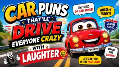 Colorful cartoon car with funny car puns on a highway, featuring witty wordplay and cheerful laughter-themed illustrations.