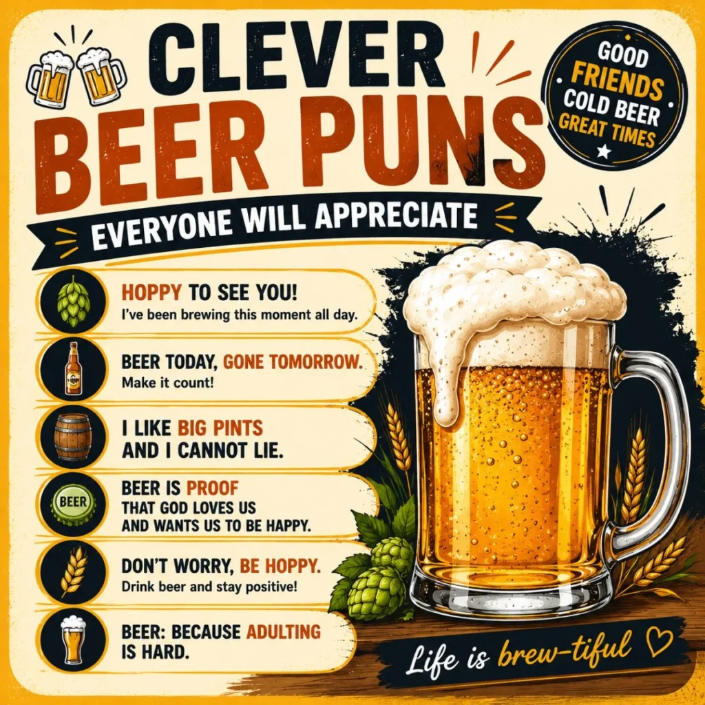 Clever beer puns poster with a frothy beer mug, hops, and funny beer jokes in a colorful vintage-style design.