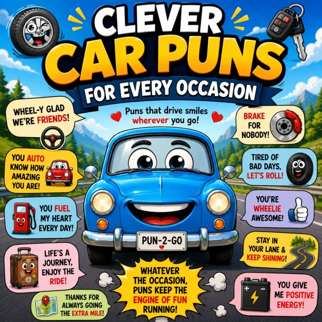 Smiling cartoon car with clever car puns, colorful speech bubbles, and fun road-themed illustrations for every occasion.