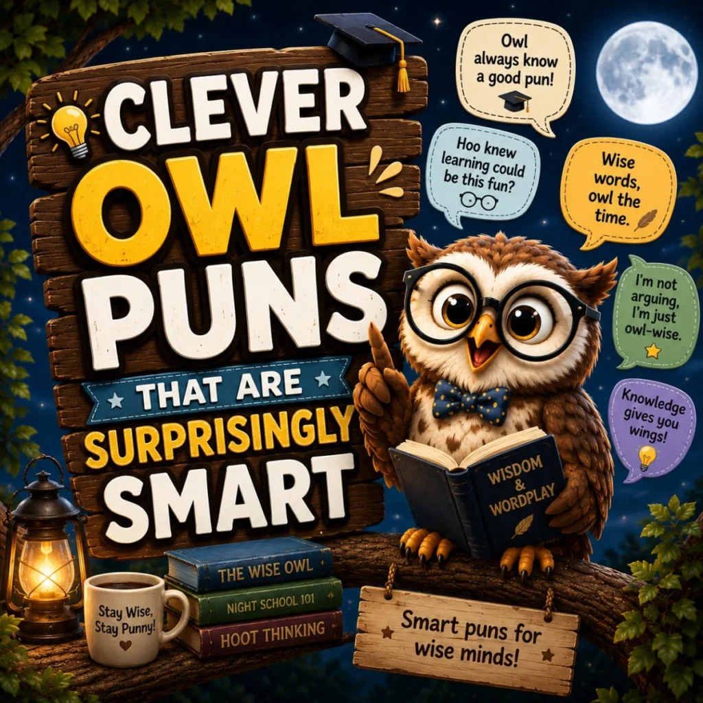 Cute cartoon owl reading a book with clever owl puns in a moonlit forest, surrounded by witty speech bubbles.