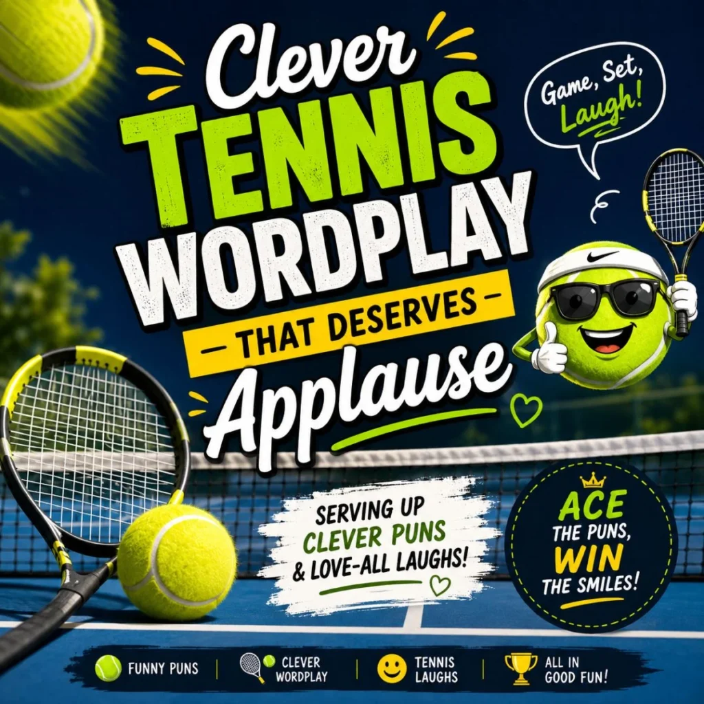Colorful tennis wordplay graphic with rackets, tennis balls, and playful typography celebrating clever tennis puns and laughs.