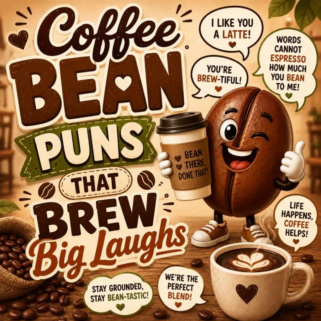 Coffee bean puns illustration with a smiling coffee bean character, coffee cup, and funny coffee-themed jokes