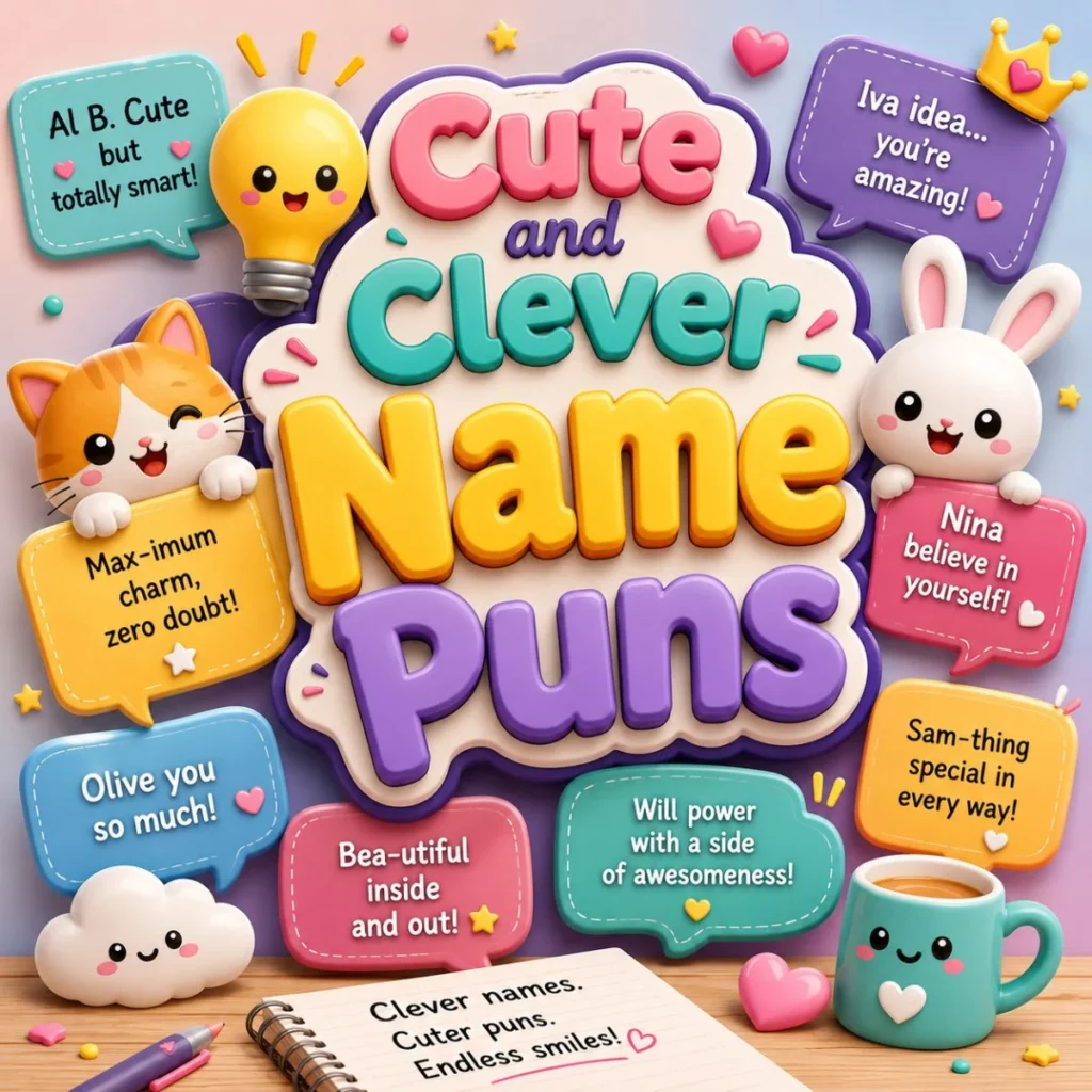 Cute 3D illustration of clever name puns with adorable characters, colorful speech bubbles, and playful typography.