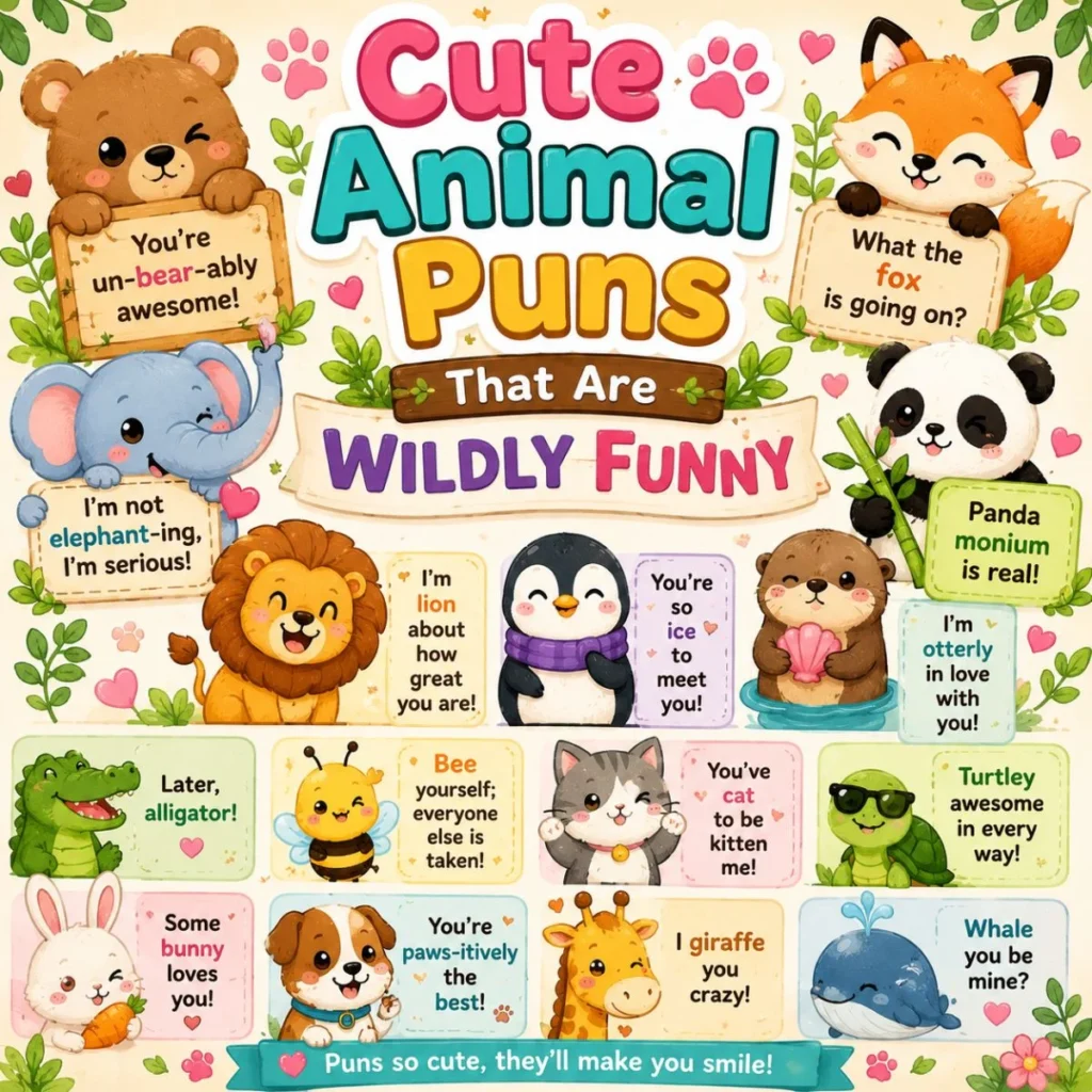 Cute animal puns illustration with adorable cartoon animals and funny wildlife jokes that make everyone smile