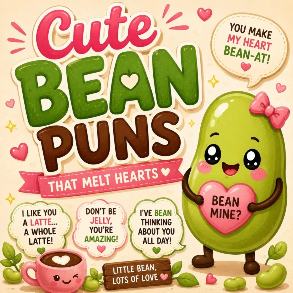 Cute bean puns illustration with an adorable cartoon bean holding a heart and sweet love-themed jokes