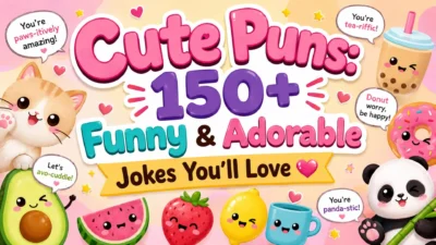 Cute puns illustration with adorable kawaii animals, smiling food characters, and funny jokes you'll love