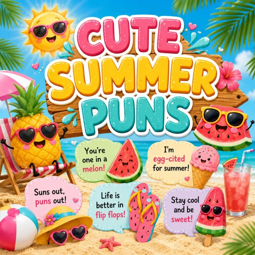 Cute summer puns illustration with smiling watermelon, pineapple, ice cream, sunshine, and fun tropical beach vibes