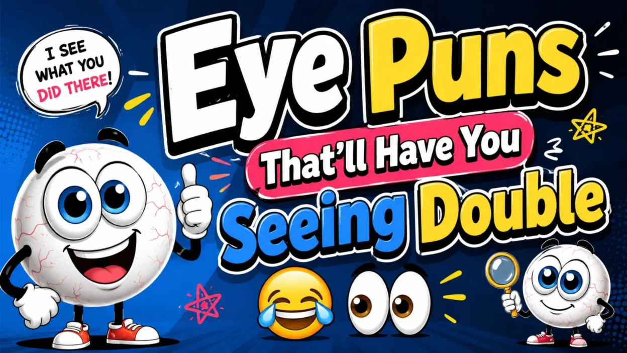 Eye puns cartoon graphic with funny eyeball characters and playful text that'll have you seeing double