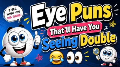 Eye puns cartoon graphic with funny eyeball characters and playful text that'll have you seeing double