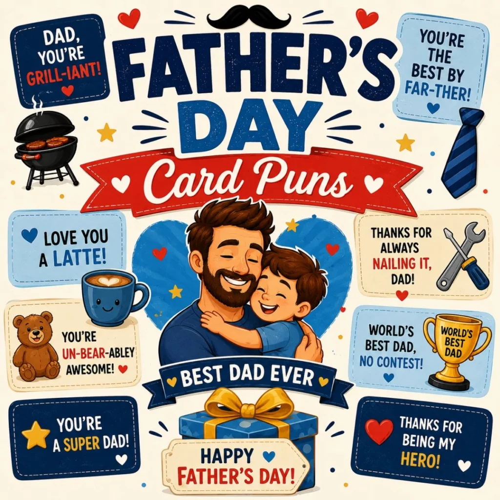 Father's Day card puns illustration with a happy dad and child, funny messages, gift box, coffee, grill, and trophy.