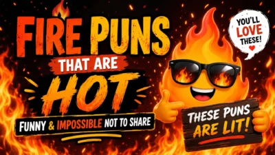 Fire puns featured with a smiling flame mascot and bold fiery text for a funny humor article thumbnail