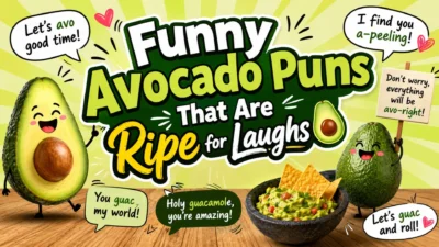 Funny avocado puns illustration with cute avocado characters, guacamole bowl, and playful wordplay for laughs