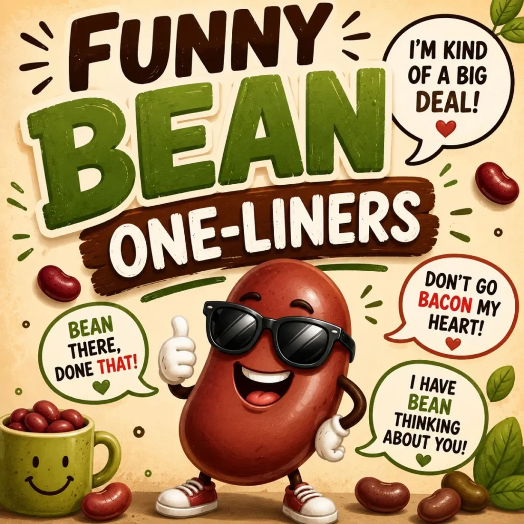 Funny bean one-liners with a smiling cartoon bean and playful speech bubbles in a colorful humor-themed illustration