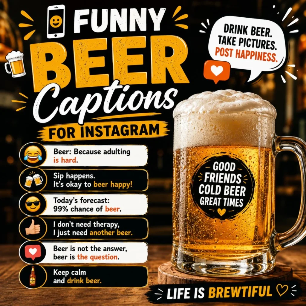 Funny beer captions for Instagram poster with a frothy beer mug, social media icons, and humorous beer quotes.