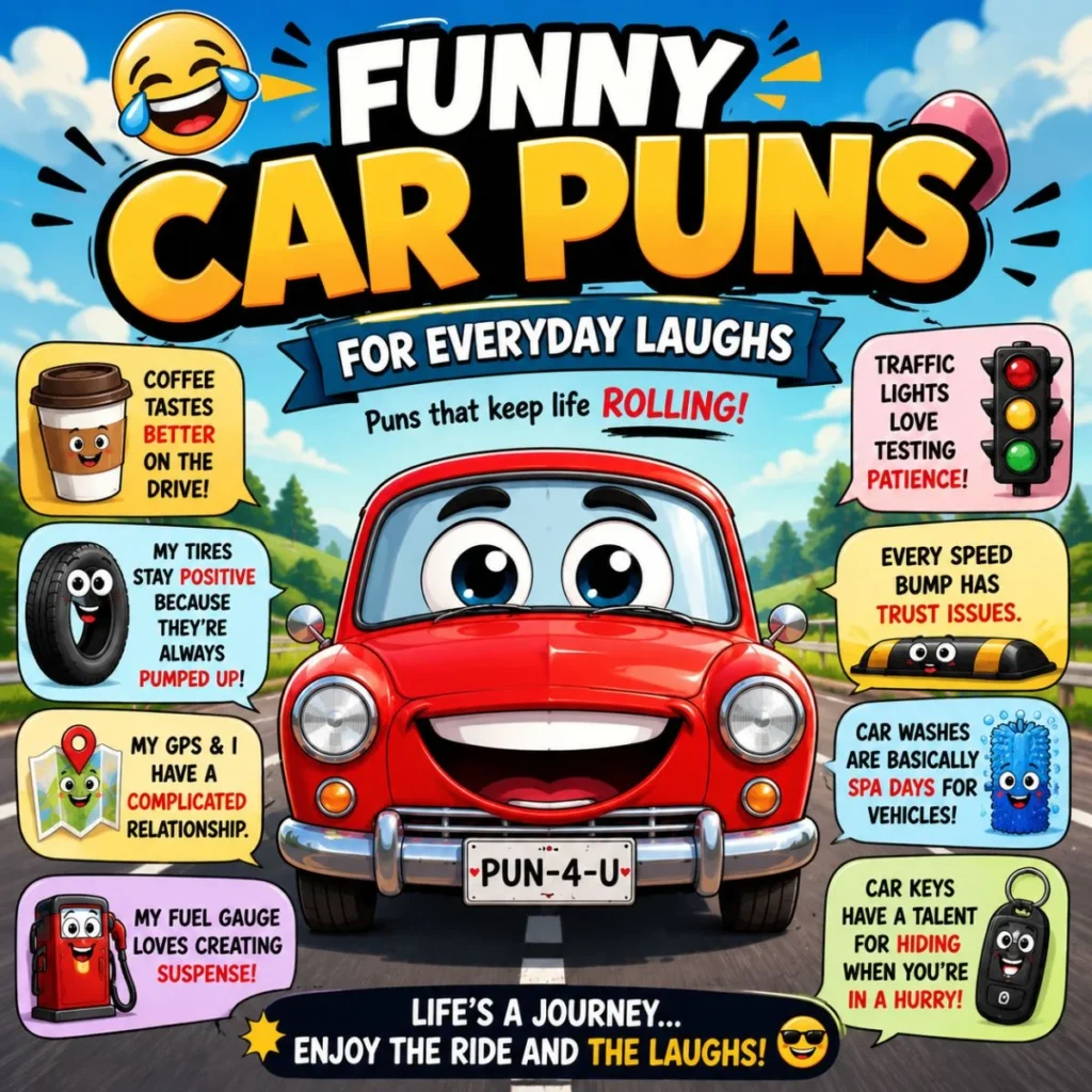 Funny cartoon car with everyday car puns, colorful speech bubbles, and playful road-themed humor illustration.
