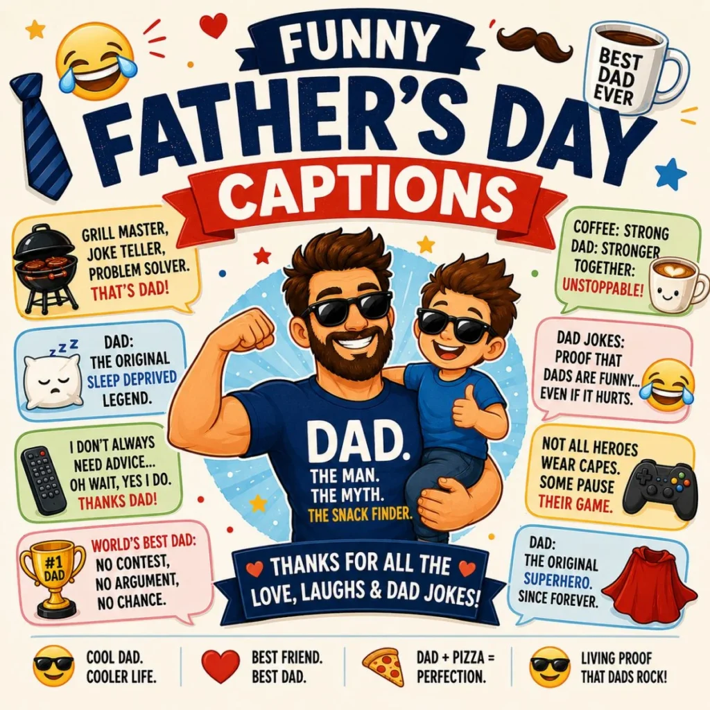 Funny Father's Day captions graphic with a smiling dad and son, humorous quotes, coffee, grill, trophy, and dad jokes.