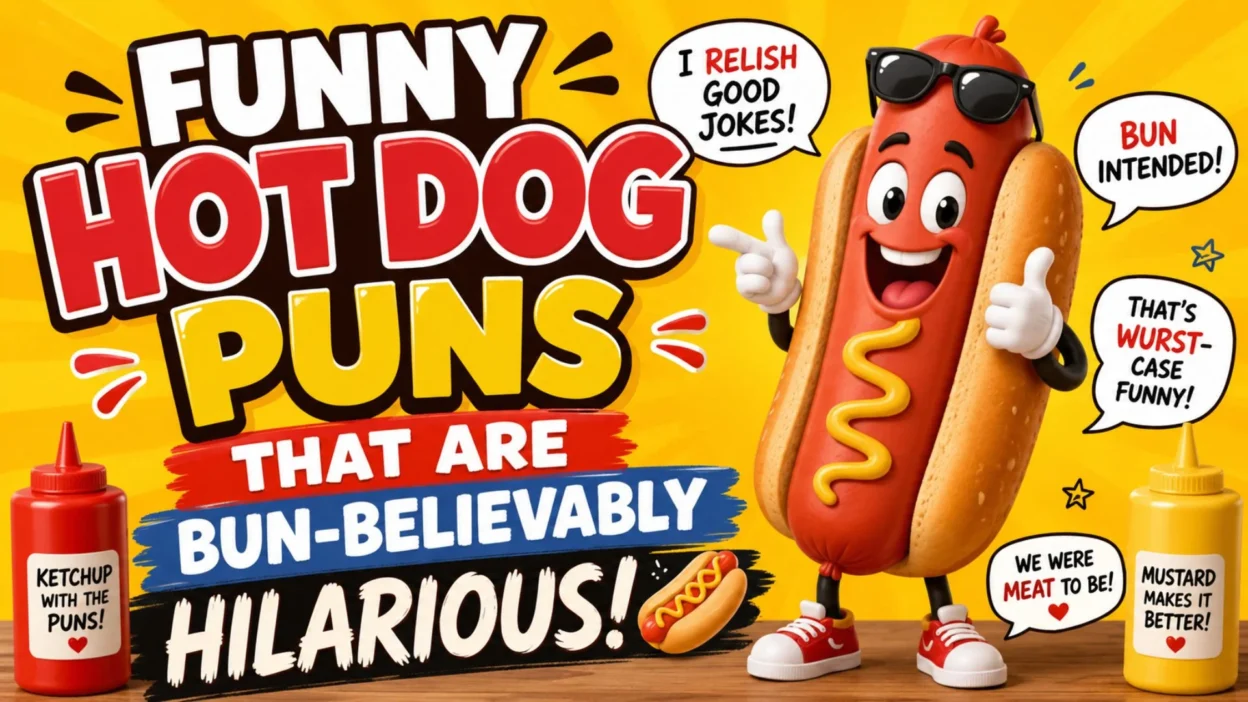 Funny hot dog puns illustration with a smiling cartoon hot dog, ketchup, mustard, and witty speech bubbles on a bright background.