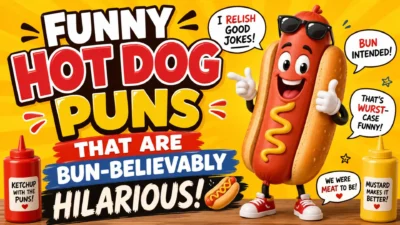 Funny hot dog puns illustration with a smiling cartoon hot dog, ketchup, mustard, and witty speech bubbles on a bright background.