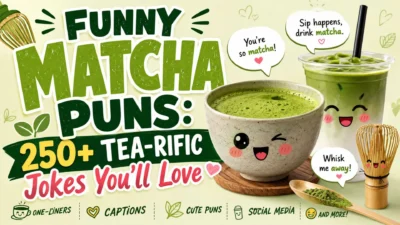 Funny matcha puns with cute matcha drinks, tea whisk, and playful captions in a colorful green-themed illustration