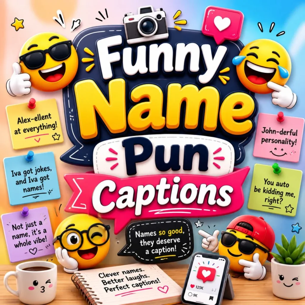 Colorful 3D illustration of funny name pun captions with emojis, sticky notes, camera icon, and playful typography.