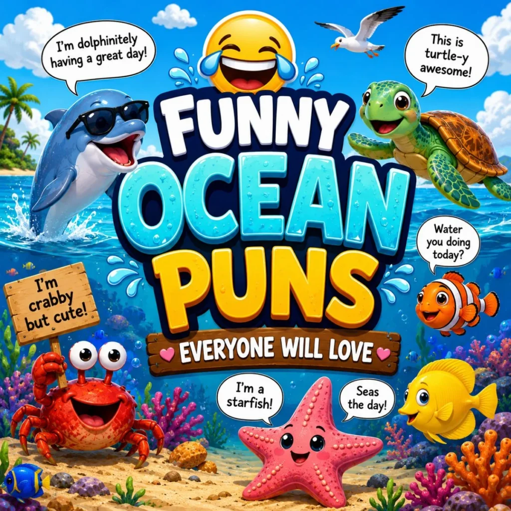 Funny Ocean Puns Everyone Will Love with cute dolphin, turtle, crab, starfish, and colorful tropical sea creatures