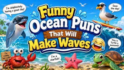Funny Ocean Puns That Will Make Waves with cute dolphin, turtle, crab, seagull, and starfish on a colorful beach scene