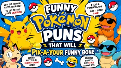 Funny Pokémon puns thumbnail with Pikachu, Charmander, Squirtle, and Meowth sharing hilarious jokes and playful expressions