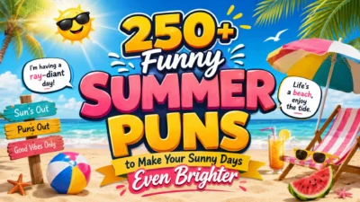 Colorful beach illustration featuring funny summer puns, smiling sun, beach chair, umbrella, and tropical vibes for sunny laughs.