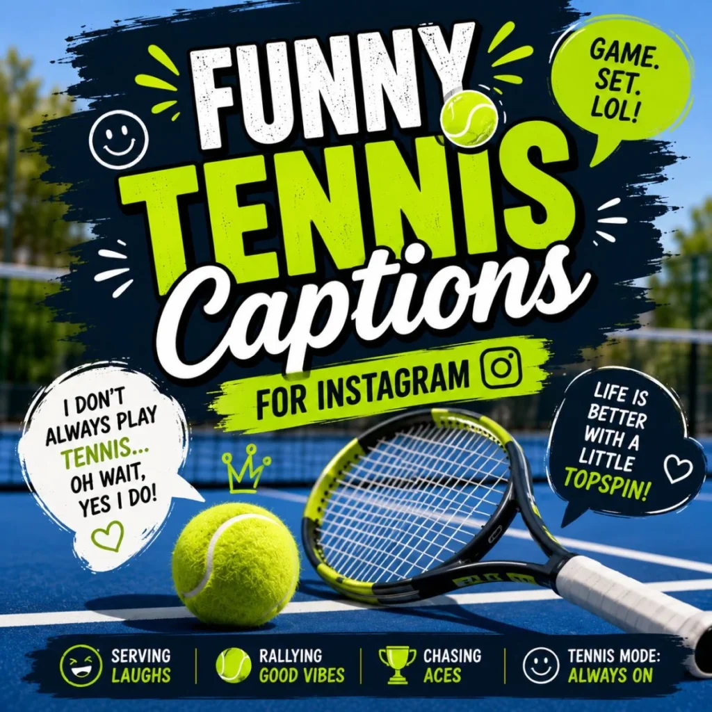 Funny tennis captions for Instagram graphic with tennis racket, ball, playful quotes, and vibrant sports-themed typography.