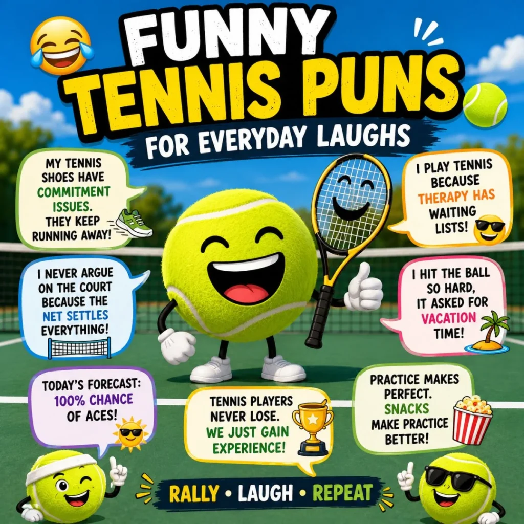 Funny tennis puns poster with smiling tennis balls, a happy racket, and everyday tennis jokes on a colorful court