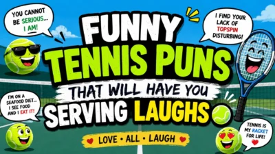 Funny tennis puns illustration with smiling tennis balls, a happy racket, and playful court-themed jokes