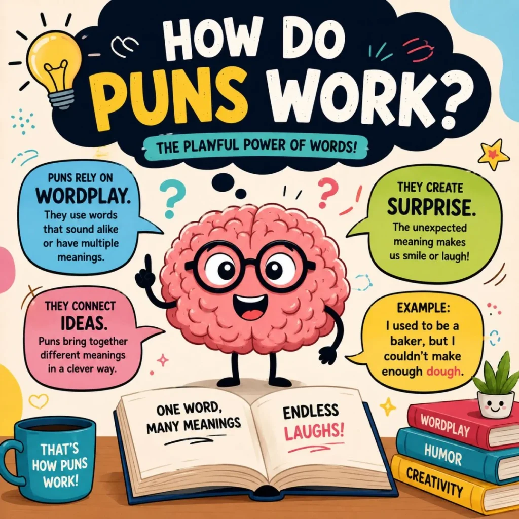 Colorful infographic explaining how puns work with wordplay examples, a cartoon brain, and simple humor concepts.