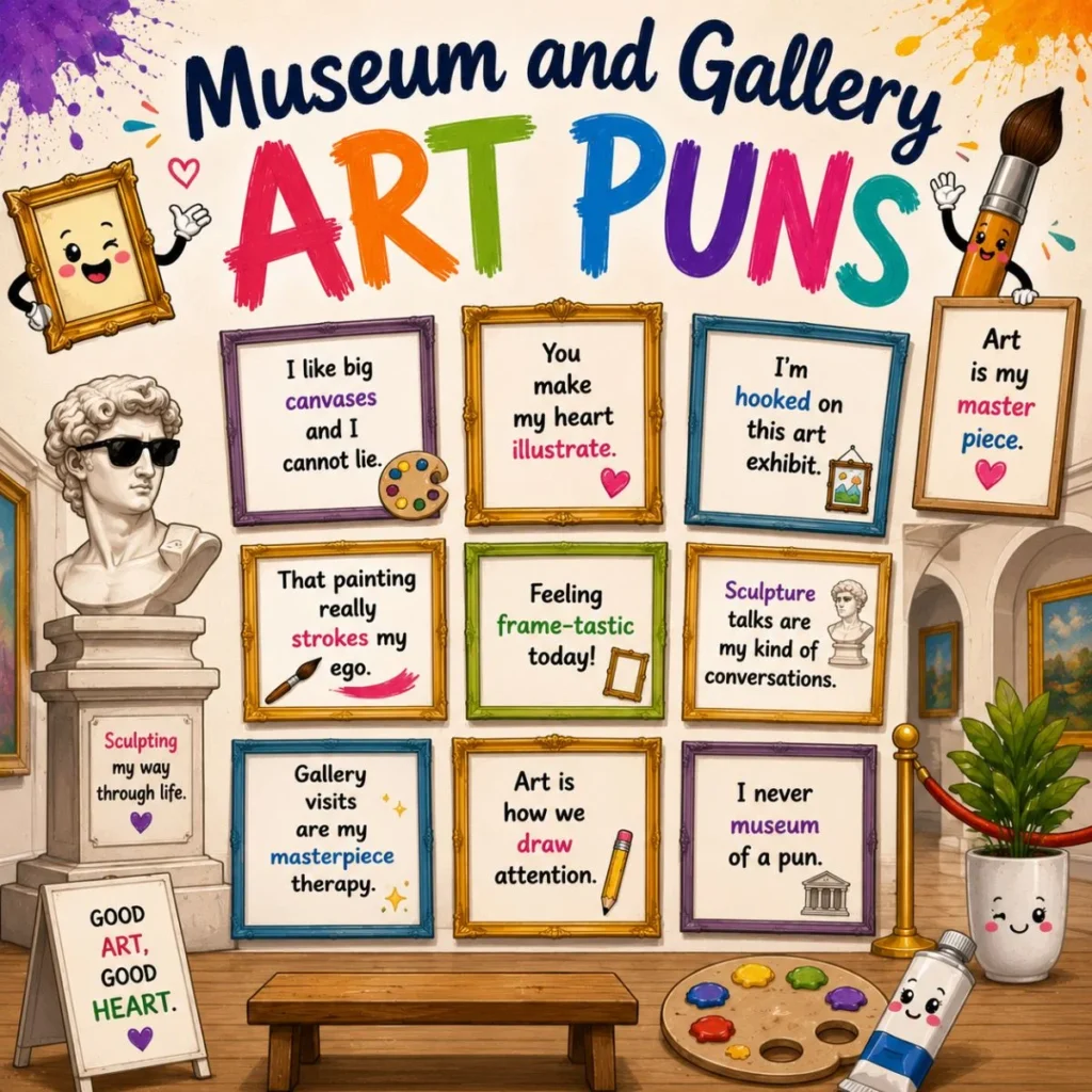 Museum and gallery art puns illustration with framed jokes, colorful artwork, paint palette, and creative gallery theme