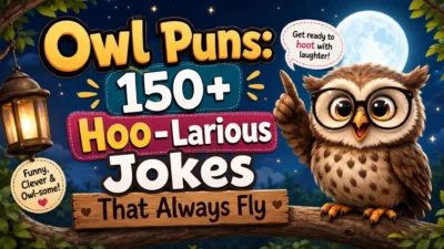 Cute cartoon owl with glasses beside the title "Owl Puns" under a moonlit sky, featuring 150+ funny owl jokes.