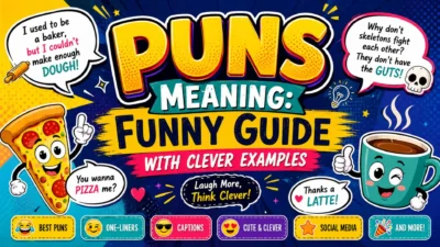 Colorful illustration explaining puns meaning with funny wordplay examples, cartoon pizza, coffee mug, and humorous speech bubbles.
