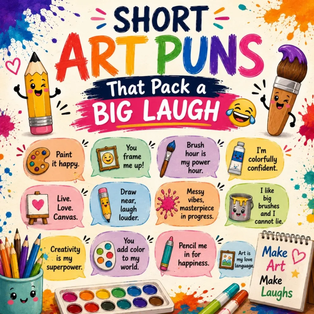 Short art puns infographic with colorful paintbrushes, pencils, palette, and funny creative one-liner art jokes