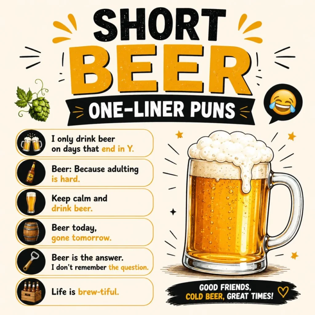 Funny short beer one-liner puns poster featuring a frothy beer mug and witty beer jokes on a bright illustrated background.