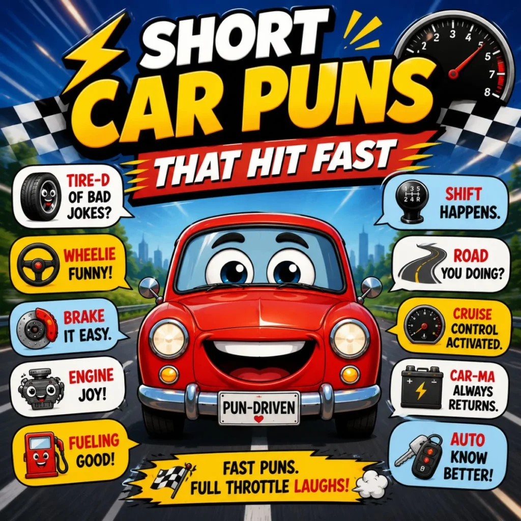 Cartoon car with short car puns, racing graphics, and funny one-liner speech bubbles on a colorful road background.