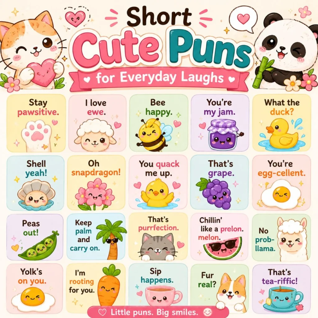 Short cute puns infographic with kawaii animals, funny food characters, and everyday jokes that make you smile