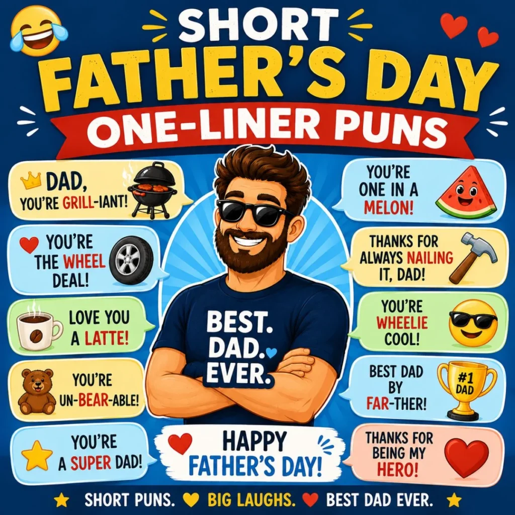Short Father's Day one-liner puns graphic with a smiling dad, funny captions, grilling, coffee, and playful dad jokes.