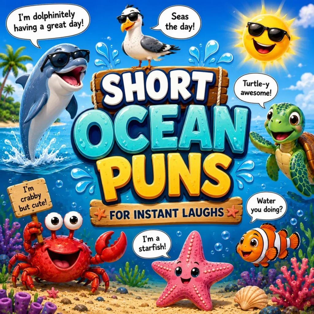 Short Ocean Puns for Instant Laughs with cute dolphin, turtle, crab, starfish, and colorful tropical ocean scene