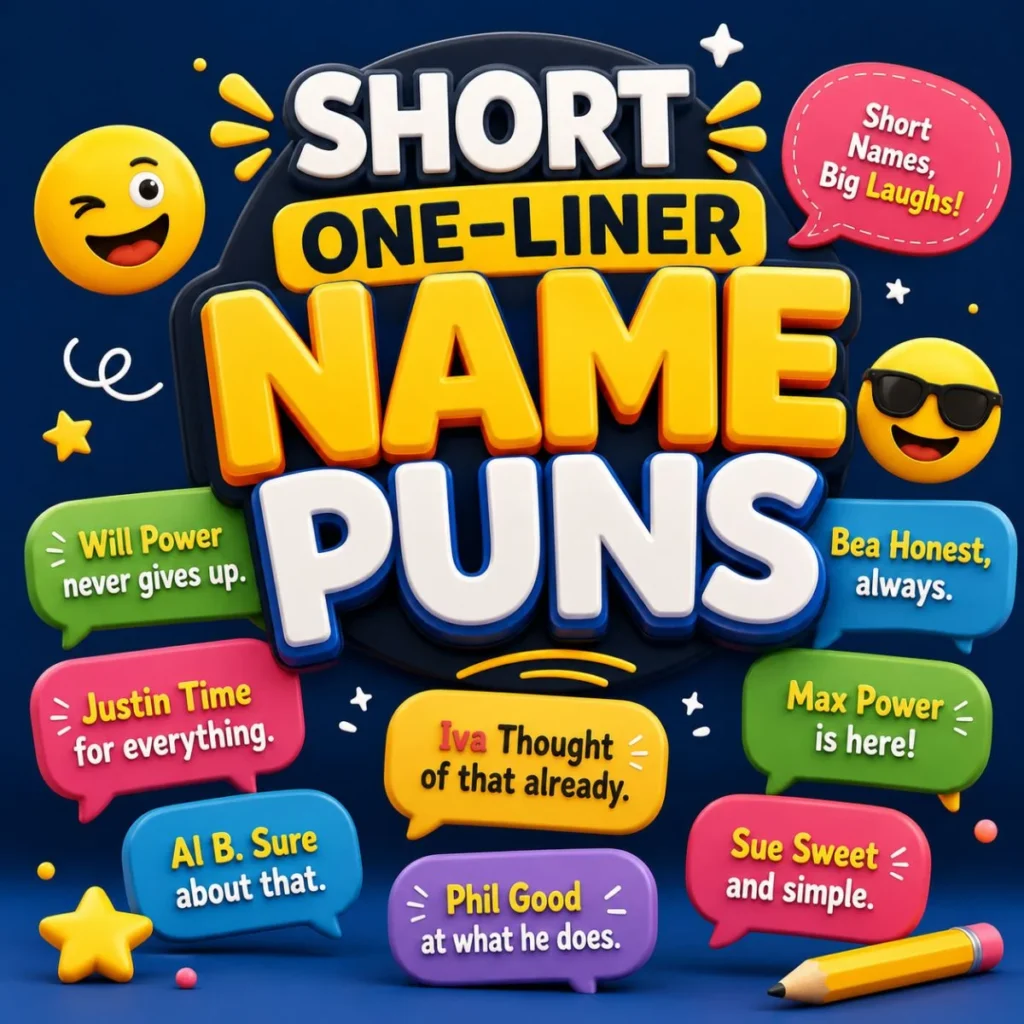 Colorful 3D illustration of short one-liner name puns with funny speech bubbles, emojis, and playful typography.