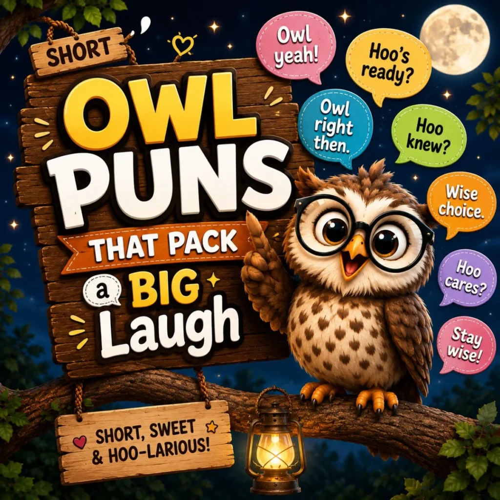 Cute cartoon owl with funny speech bubbles showcasing short owl puns under a glowing moonlit forest night.